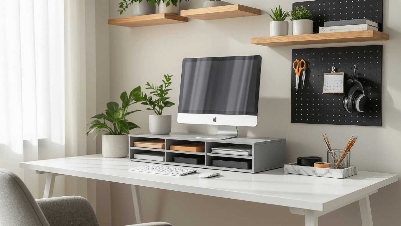 Modern home office desk with vertical storage, featuring warm natural light, minimalist design, and organized accessories.
