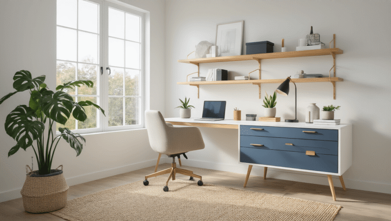 Photorealistic home office with a minimalist white wall-mounted desk, natural wood accents, ergonomic chair, and organized desk accessories, bathed in soft morning light from a large window, showcasing Scandinavian design elements and a cozy atmosphere.