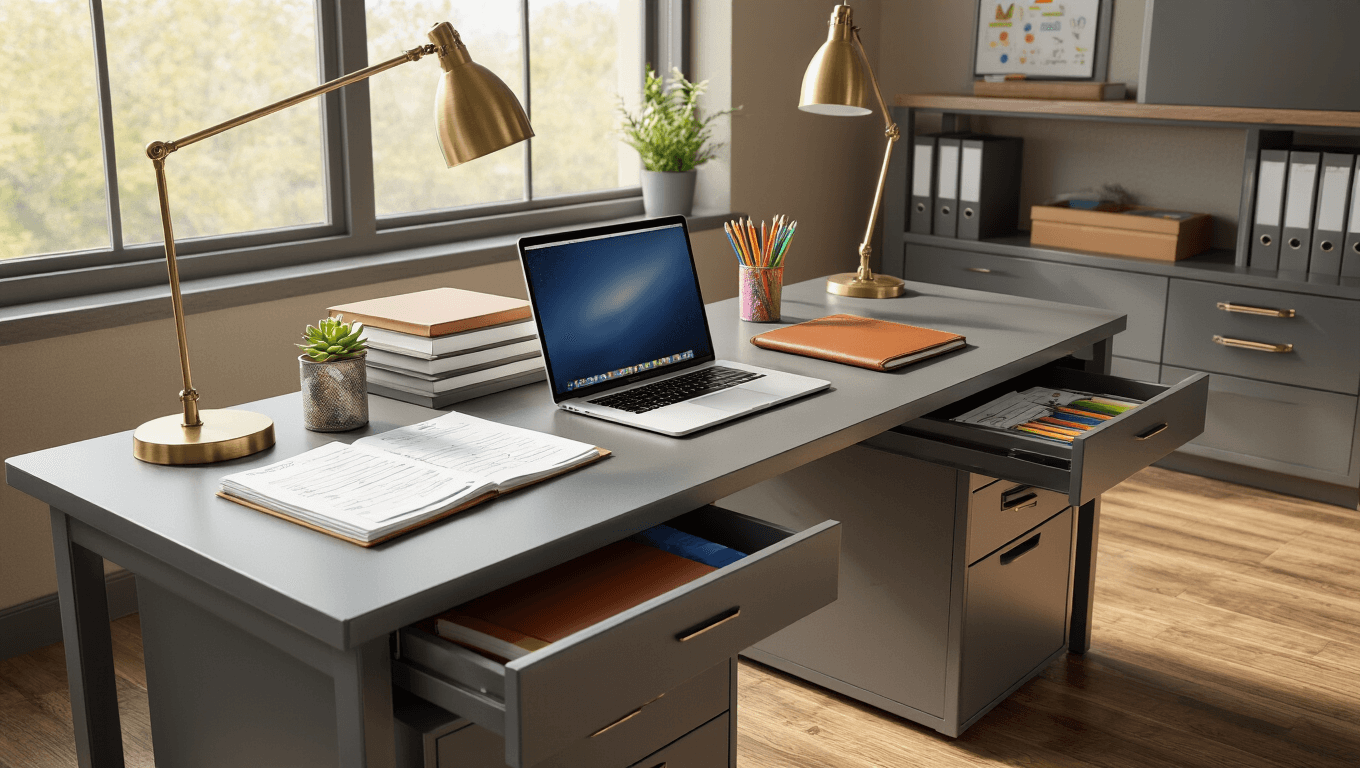 Photorealistic modern classroom teacher's desk workspace featuring a sleek gray double-pedestal desk, organized supplies including a MacBook Pro, graded papers, colorful pencil cup, succulent plant, and brass desk lamp, all illuminated by soft morning light filtering through large windows, with warm wood flooring and a muted earth tone palette.