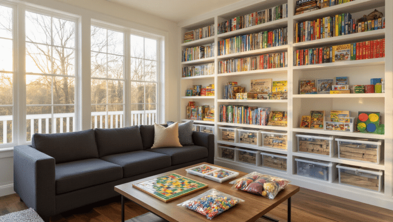 Modern organized board game storage featuring white built-in shelves, colorful game spines displayed vertically, resealable bags with dice and tokens, and a cozy living room ambiance with warm lighting and natural textures.