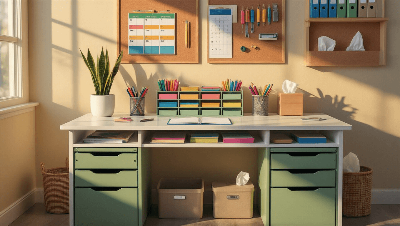 Cinematic overhead shot of a pristine teacher's desk in warm golden hour lighting, featuring a white desktop, sage green rolling cart with colorful supplies, labeled desktop organizer, wall-mounted pegboard, floating shelves with binders, color-coded cork board, snake plant, hand sanitizer, tissue box, stapler, and a toolbox, all elegantly arranged against a neutral backdrop.