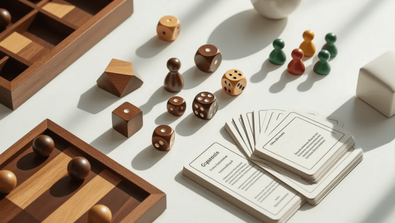 Cinematic overhead view of an elegant board game setup on a white marble surface, featuring wooden game pieces, metallic dice, colorful meeples, crisp rule cards, and a minimalist game board, all arranged artistically with soft lighting and a warm color palette.