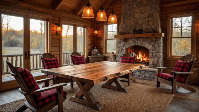 Cinematic wide shot of a cozy cabin interior featuring a handcrafted reclaimed wooden gaming table surrounded by Adirondack-style chairs with red plaid cushions, illuminated by a crackling fireplace and natural golden hour light, with mason jar pendant lights and an earth-toned braided rug.