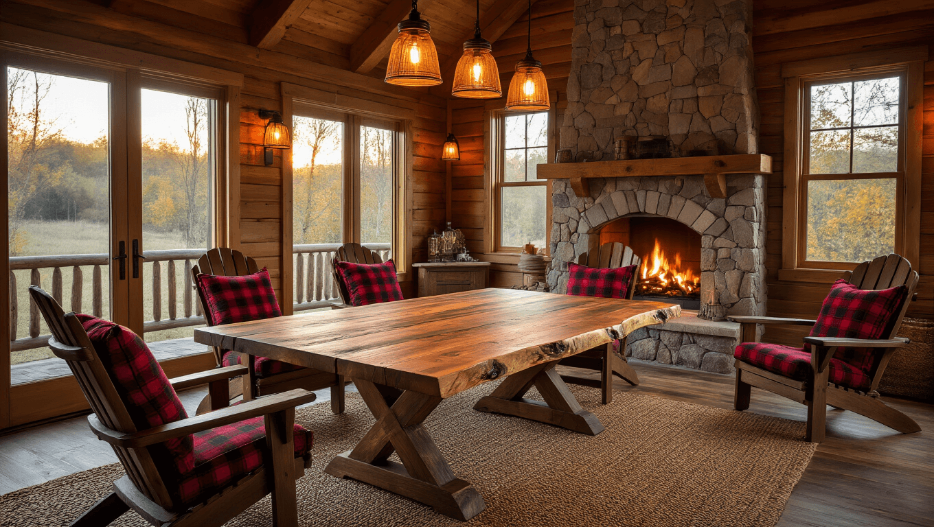 Cinematic wide shot of a cozy cabin interior featuring a handcrafted reclaimed wooden gaming table surrounded by Adirondack-style chairs with red plaid cushions, illuminated by a crackling fireplace and natural golden hour light, with mason jar pendant lights and an earth-toned braided rug.