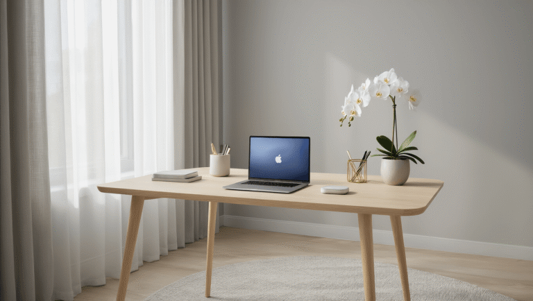 Cinematic interior of a Scandinavian corner workspace with a white oak desk, open MacBook Pro, white orchid, geometric brass organizer, and wireless charging pad, set against soft grey walls and diffused natural light.