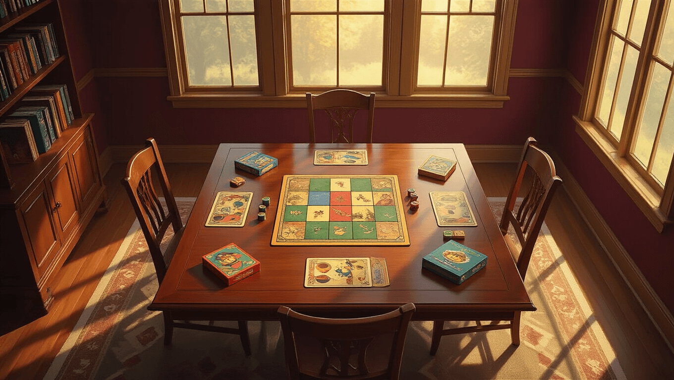 Cinematic overhead shot of an elegant walnut dining table featuring artfully arranged board game components with illustrations, warm golden hour sunlight, and rich burgundy walls, creating a sophisticated game room atmosphere.