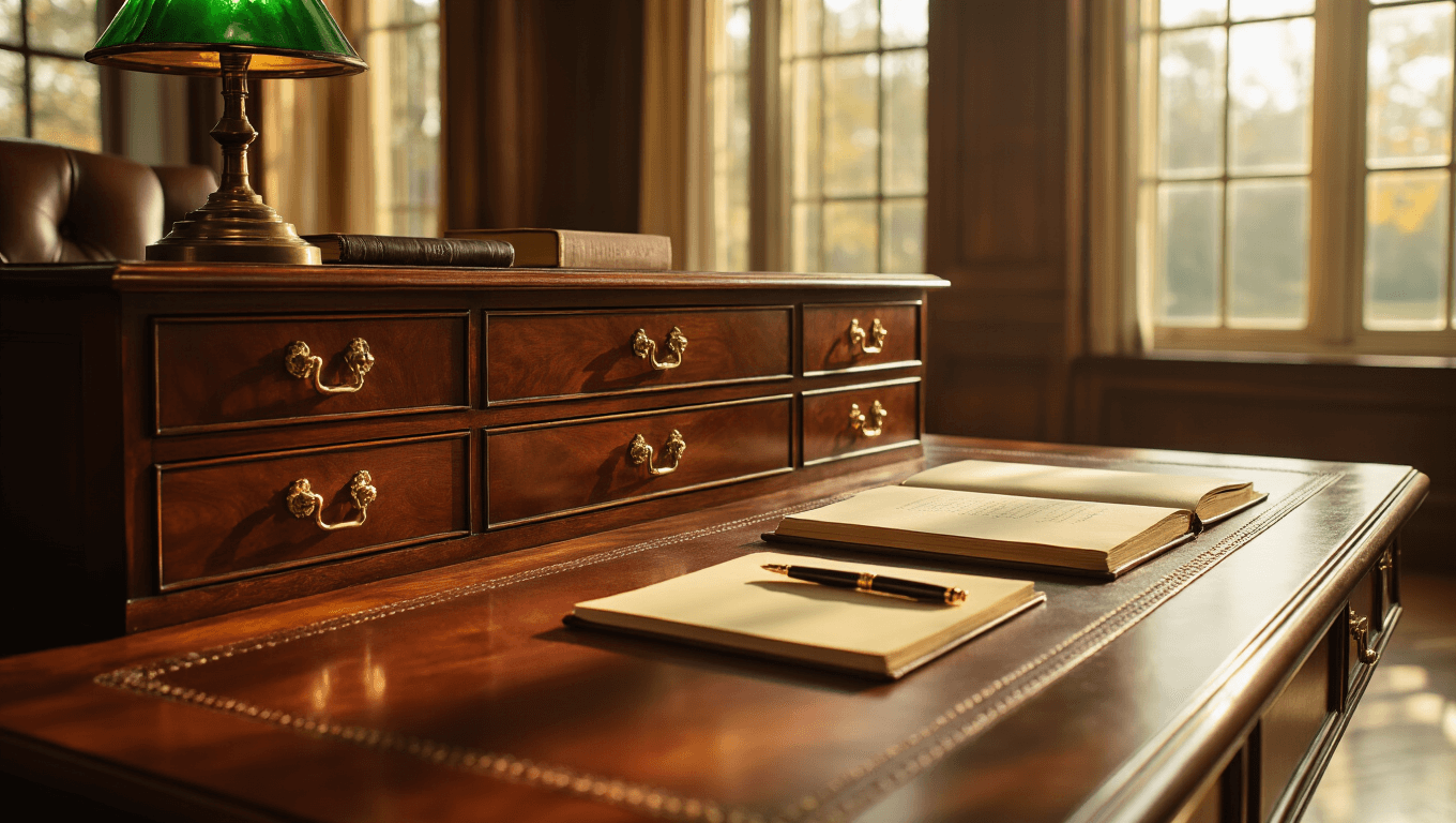 Cinematic close-up of a walnut executive desk with brass handles, vintage leather desk pad, open notebook, and antique lamp, illuminated by golden morning light, showcasing rich wood grain and a warm, inviting workspace atmosphere.