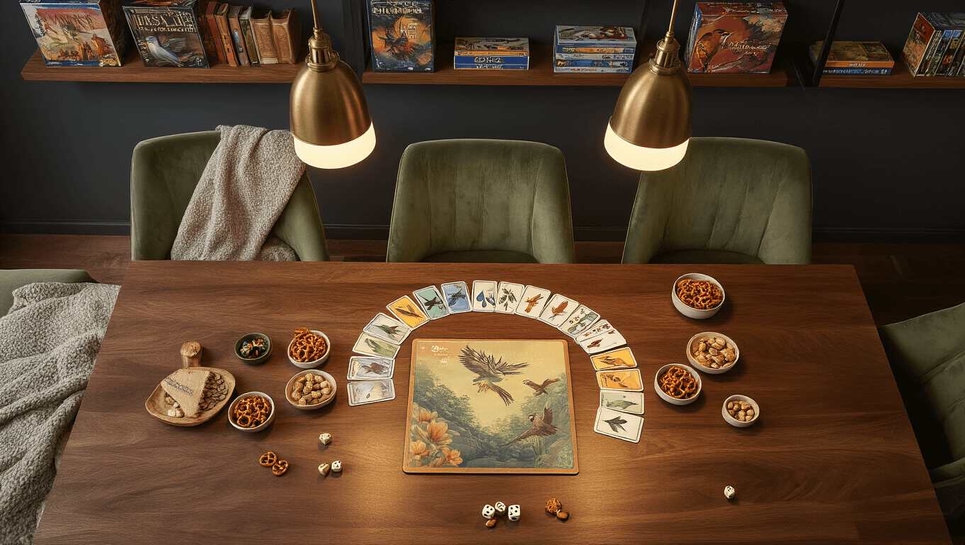 Cinematic overhead view of a warm modern living room board game setup featuring a walnut dining table with Wingspan game components, colorful bird cards, scattered dice, and snacks in ceramic bowls, surrounded by soft lighting, velvet chairs, and organized game boxes on charcoal walls.