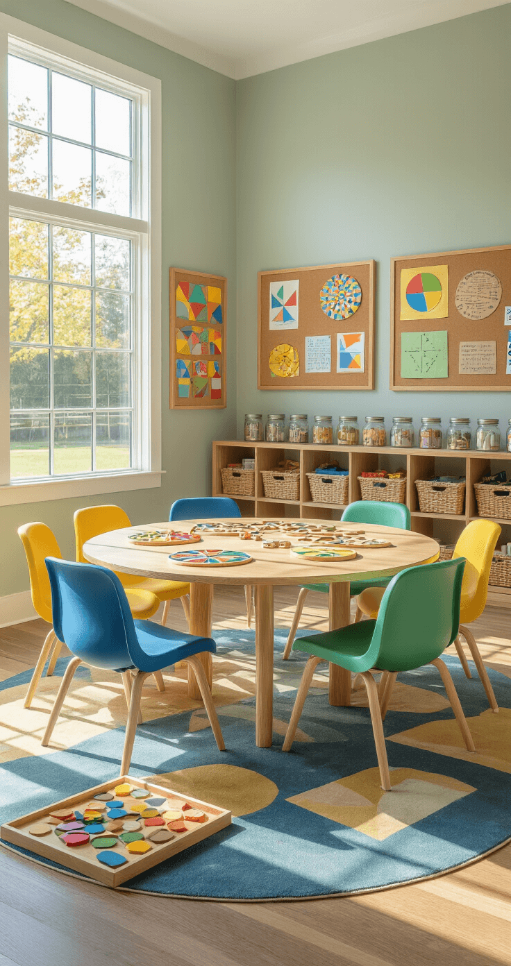 Bright contemporary classroom corner featuring a circular oak table with colorful ergonomic chairs. Natural light illuminates handmade math board games, geometric wooden pieces, and fraction pizza wheels. Walls are sage green with white trim, adorned with student artwork and educational posters. The space is filled with craft supplies in mason jars, layered rugs, and wooden game boards showing number spirals, all creating an energetic learning atmosphere.