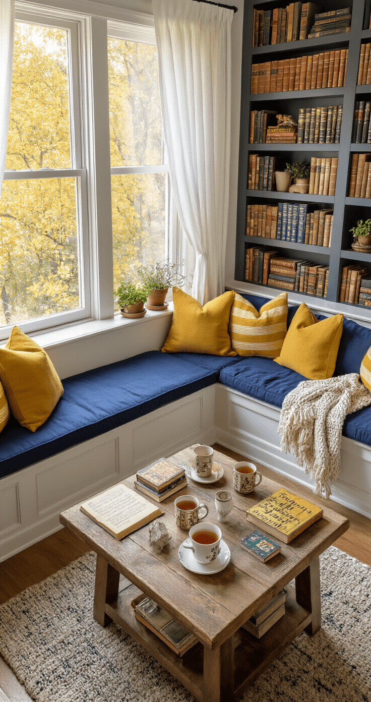 Cozy reading nook with built-in window seating, navy blue cushions, mustard yellow and cream striped throw pillows, and golden hour light filtering through sheer white curtains. Reclaimed wood coffee table holds word-based board games, while floor-to-ceiling charcoal gray bookshelves are filled with classic literature and colorful game boxes. Includes a chunky knit throw, steaming ceramic mugs, handwritten story cards, and small potted herbs on the windowsill, all creating a warm, inviting atmosphere for learning and creativity.