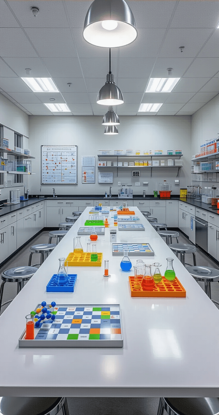 Wide-angle view of a modern science laboratory classroom featuring sleek white countertops in a U-shape, chrome stools, and illuminated by pendant lights. The scene showcases chemistry-themed board games with molecular models, periodic table boards, and colorful test tube components on stainless steel surfaces, alongside safety equipment, glass beakers with colored water, and educational wall charts. The color scheme highlights clinical whites and grays, contrasted by vibrant game pieces in electric blue, bright orange, and lime green, all captured in soft professional lighting.