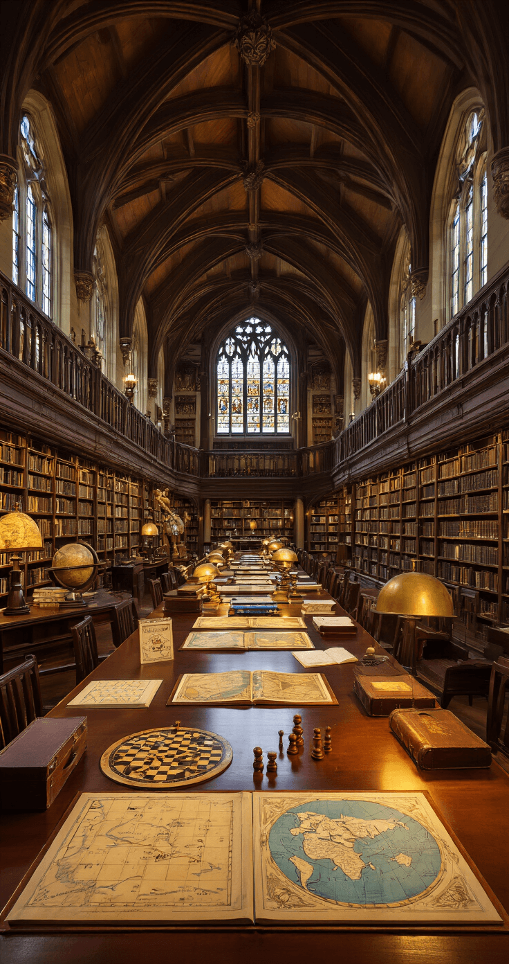 A grand library study hall viewed from a low angle, showcasing vaulted ceilings with wooden beams, illuminated by warm evening light filtering through Gothic windows. Long mahogany tables are adorned with historical board games and vintage maps, surrounded by towering bookshelves and antique globes, all bathed in a rich color palette of burgundy, honey oak, and forest green.