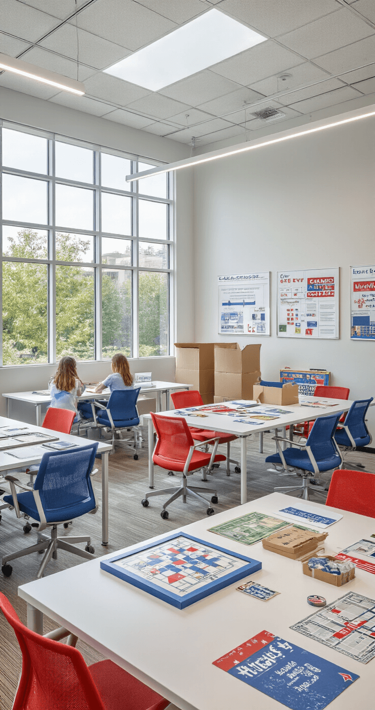 Bright, modern civic engagement classroom with modular furniture arranged for group discussions around democracy-themed games, illuminated by natural daylight from skylights. Features include white tables with mock election materials, movable whiteboards, patriotic red and blue chairs, voting booths made from cardboard, and colorful campaign posters, all designed to foster student engagement in political processes.
