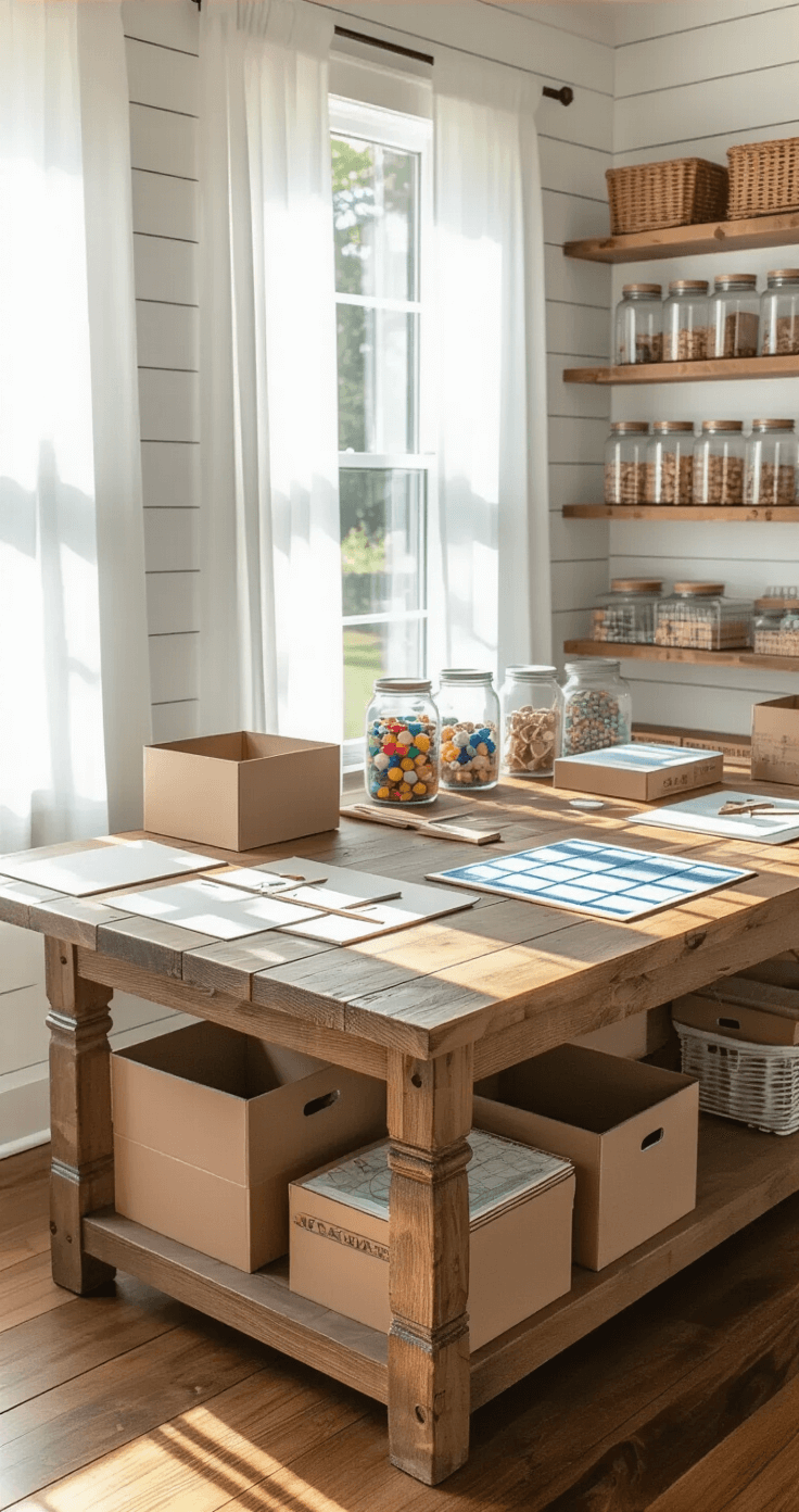 Photorealistic interior of a cozy craft room with a large wooden farmhouse table, scattered craft materials, warm sunlight through sheer curtains, and organized chaos from ongoing projects.