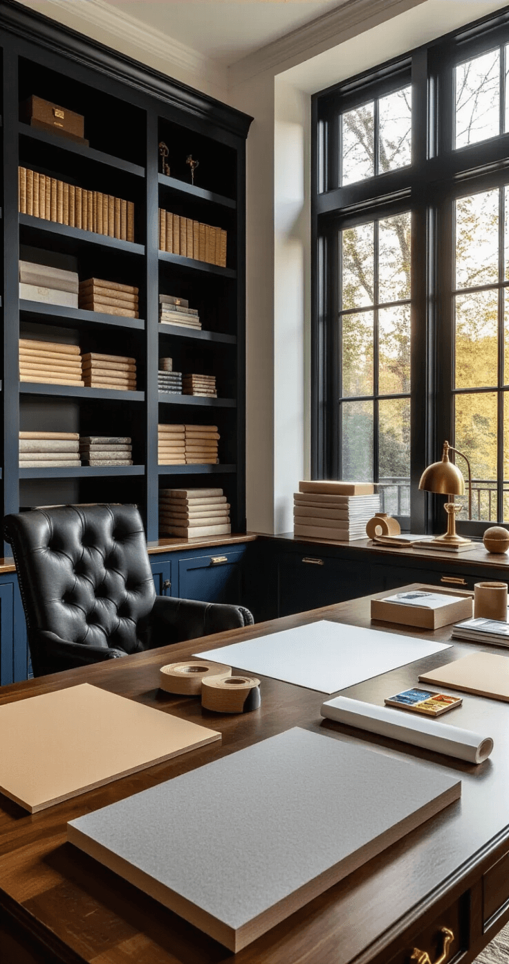 Elegant home office workspace featuring a mahogany desk with textured paper and grayboard preparation, surrounded by built-in bookshelves, warm golden hour light, and neatly arranged crafting materials, all highlighted by a deep navy accent wall and ambient lighting.
