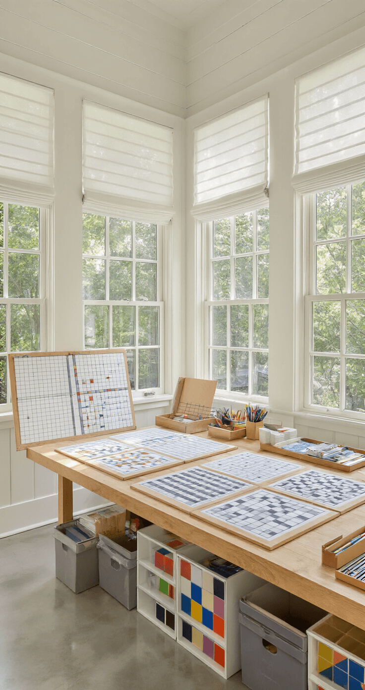Wide shot of a sunroom converted into a game design studio, featuring large windows, a custom drafting table with grid patterns, organized storage, and polished concrete floors.