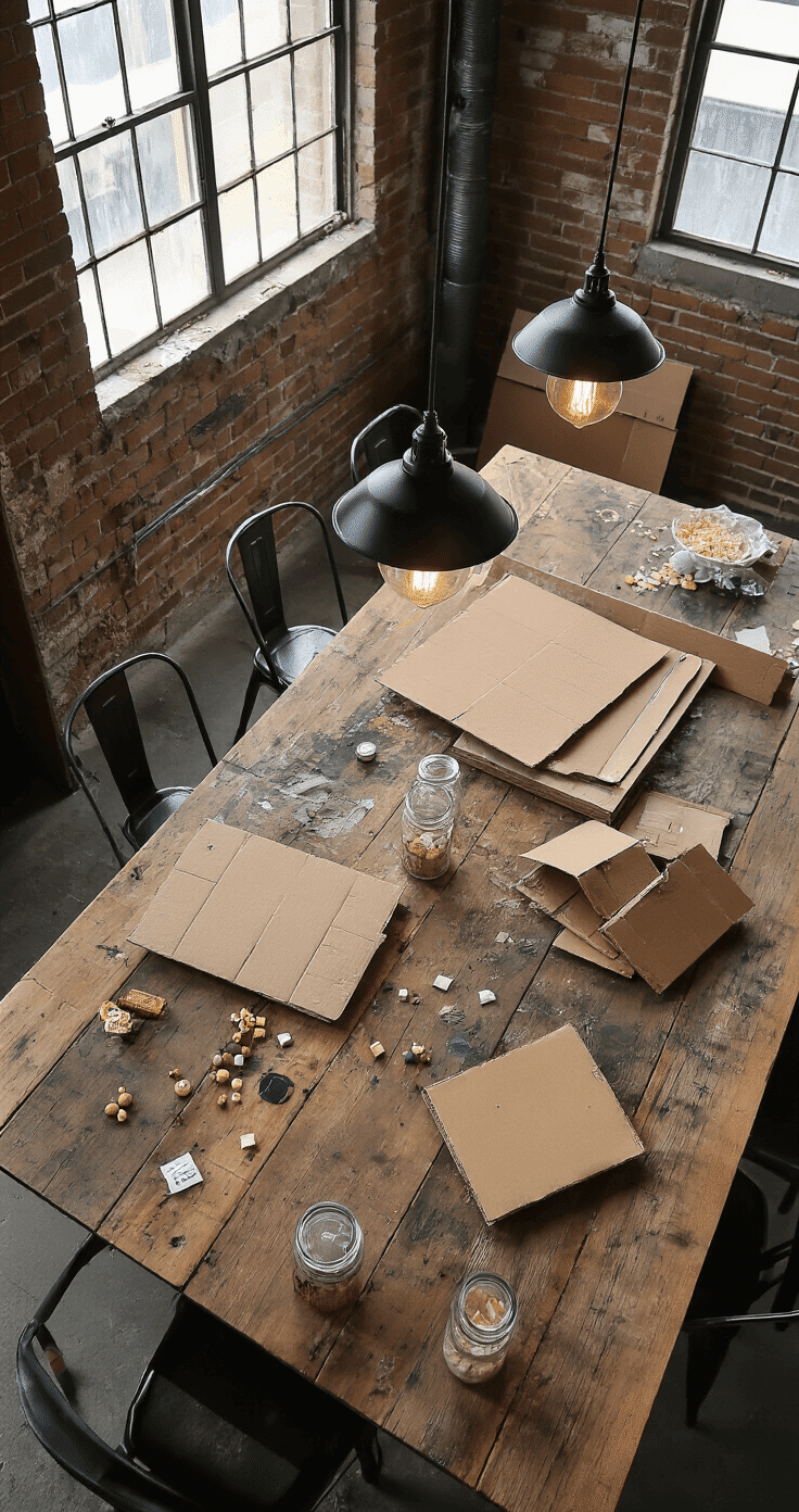 Dramatic overhead view of a reclaimed wood dining table showcasing DIY disasters, including collapsed cardboard prototypes and water-damaged boards, contrasted with successful grayboard examples and scattered laminating sheets, all illuminated by evening pendant lighting in an industrial dining room with exposed brick walls.