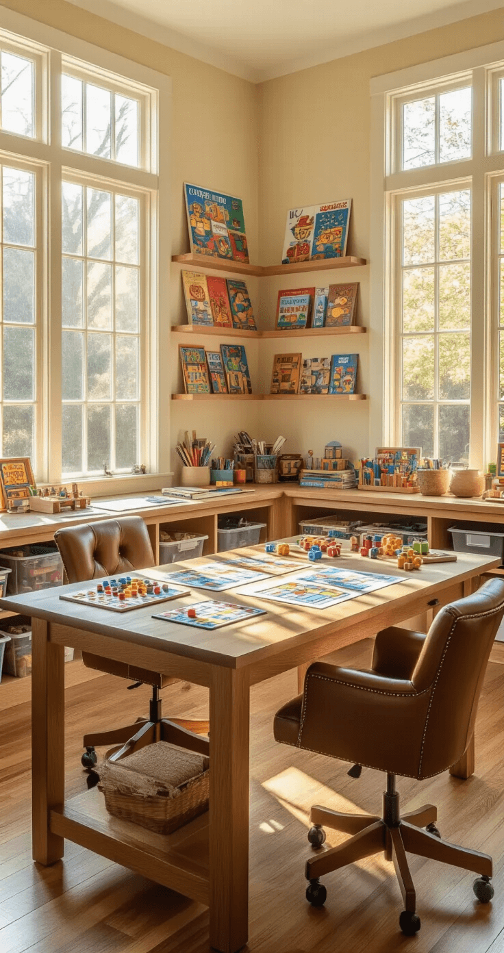 A well-lit craft room with a large oak table filled with board game prototype materials, colorful poster boards, markers, dice, and wooden meeples, surrounded by warm cream walls, floating shelves of completed games, and organized storage containers, with afternoon sunlight streaming through tall windows.