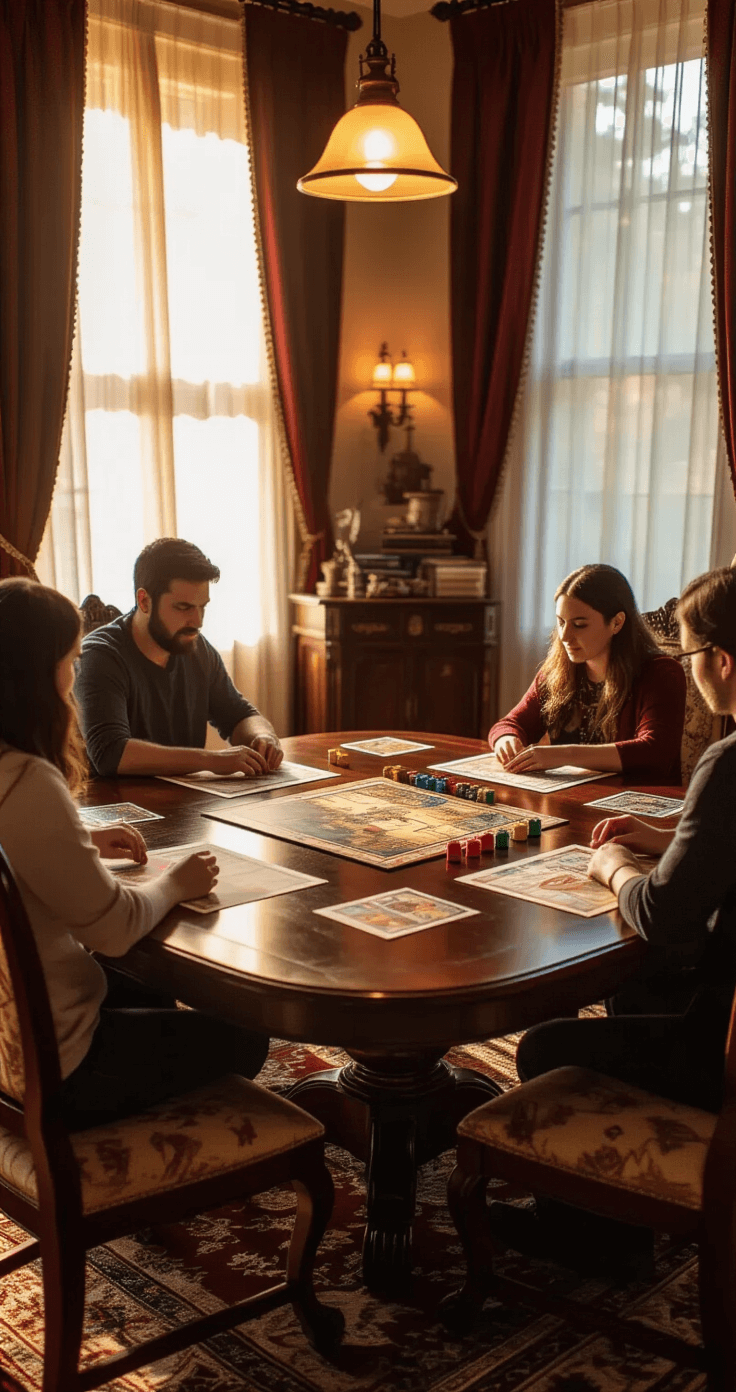 An elegant dining room converted into a cozy game testing environment, featuring a mahogany table with players engaged in a medieval-themed board game under warm golden hour lighting, surrounded by rich burgundy and gold decor.