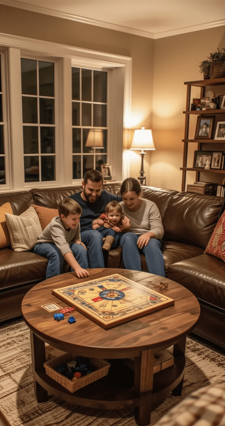 A cozy family game room with a round coffee table at the center, surrounded by sectional seating, featuring a handcrafted board game during its playtest. Warm lamplight illuminates excited players, with rich earth tones, soft textures, and decorative elements like family photos and snacks, capturing an intimate evening of togetherness.