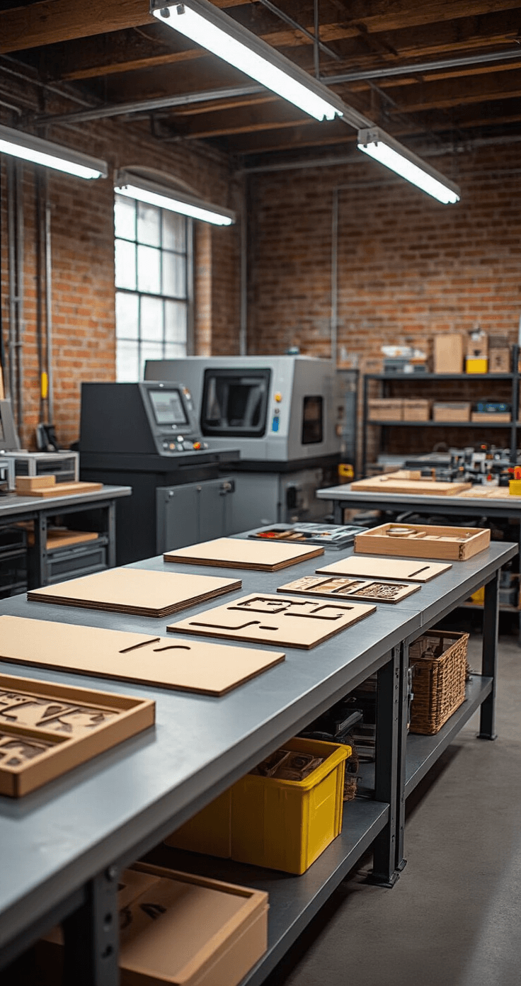 A professional maker space workshop displaying laser cutting equipment and precision tools used in board game creation, featuring cut wooden game boards, organized component trays, and high-tech fabrication equipment on steel workbenches, set against industrial gray tones, natural wood textures, and bright fluorescent lighting in a space with exposed brick walls and concrete floors.