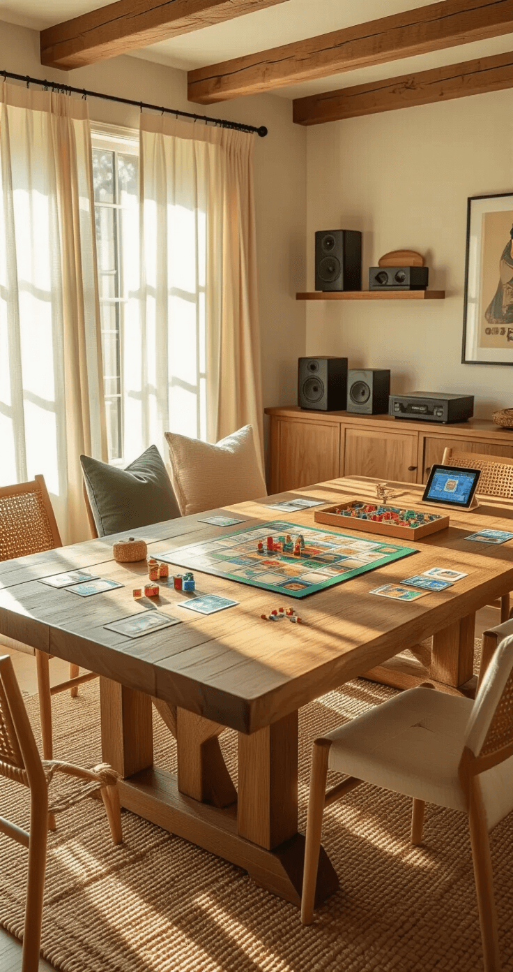 Warm living room with a large wooden dining table set for gaming, featuring colorful game pieces and cards, bathed in golden hour sunlight, with exposed wooden beams and cream-colored walls, complemented by a jute rug and linen chairs.