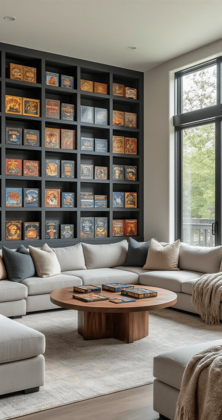 A stylish family room featuring a premium board game collection displayed on built-in charcoal gray shelves, with a modern sectional sofa and a round walnut coffee table, illuminated by natural afternoon light.