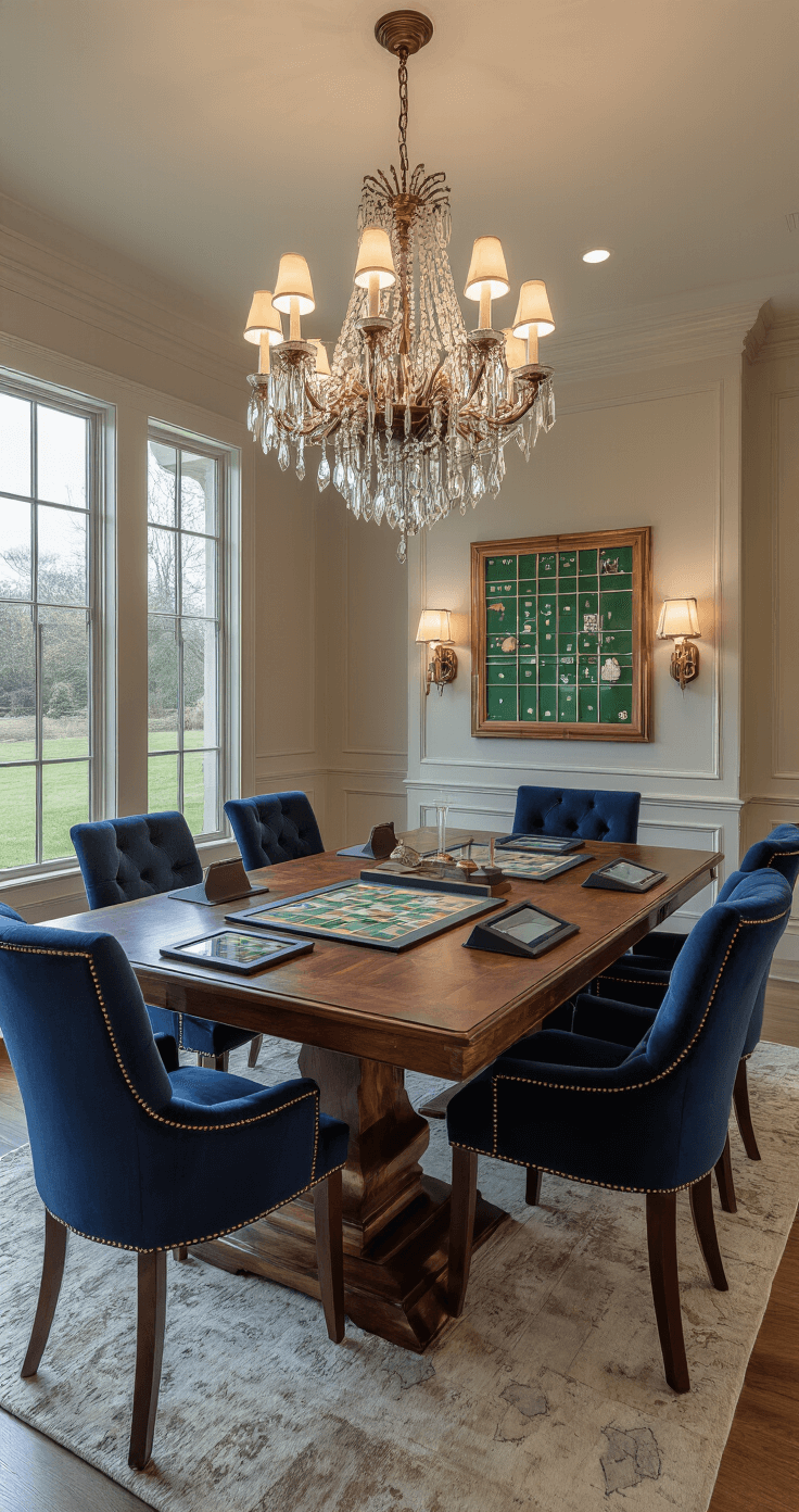 An elegant dining room scene featuring a restored mahogany farmhouse table surrounded by deep navy velvet chairs, showcasing hybrid digital-physical gameplay with sleek tablets, AR elements on a game board, and luxurious details in jewel tones and warm wood grains, all illuminated by a statement chandelier.