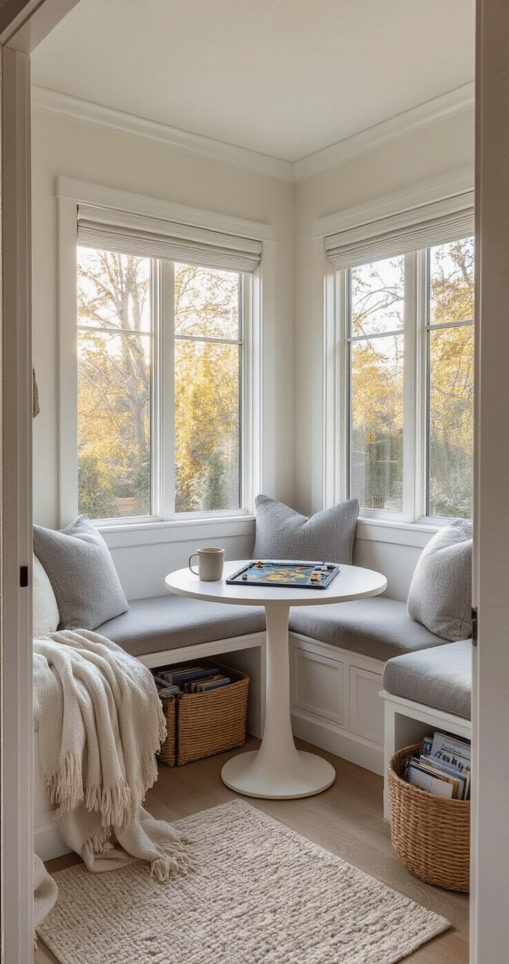 A cozy reading nook transformed into a solo gaming sanctuary during golden hour, featuring a built-in window seat with storage, a white oak pedestal table with a game in progress, plush gray cushions, a cashmere throw, and a ceramic mug, surrounded by woven baskets of organized game components, all bathed in soft light with views of a garden.