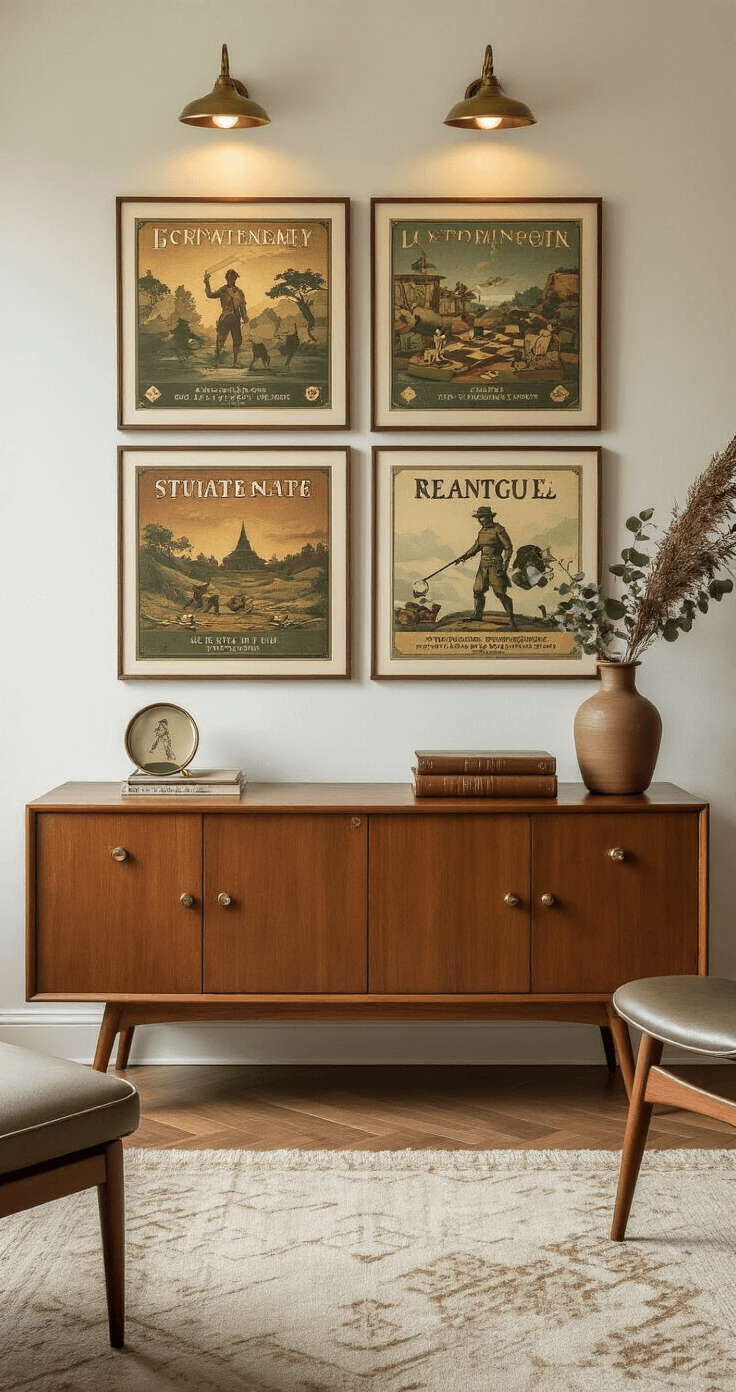 Elegant gaming nook in a sophisticated living room corner, featuring a gallery wall of limited edition giclée prints in earthy tones above a teak credenza, thoughtfully styled with minimalist decor and illuminated by vintage brass picture lights.
