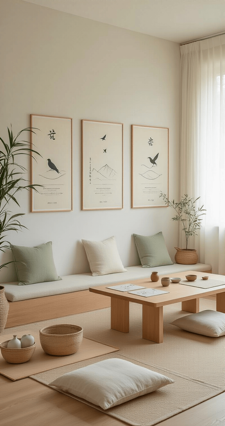 A serene zen-inspired gaming space featuring Scandinavian furniture, minimalist game posters, natural linen cushions, and a low Japanese-style table set in soft daylight.