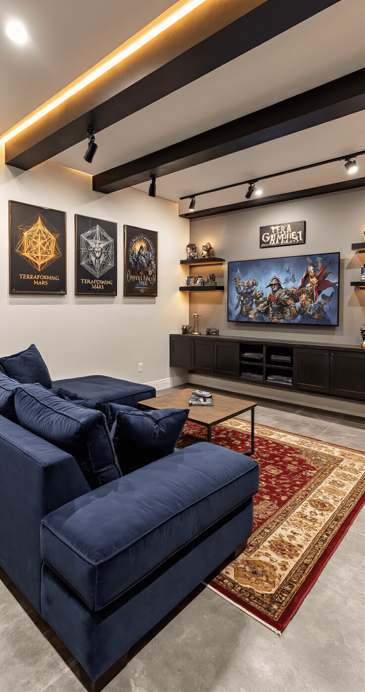 Contemporary basement gaming lounge featuring warm LED lighting, exposed black ceiling beams, custom metal art prints, and a deep navy velvet sectional sofa facing a wall-mounted 4K display, set against industrial concrete floors with a Persian-inspired rug.