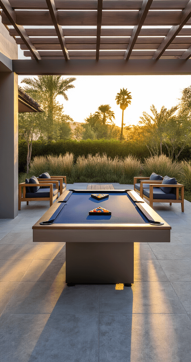An elegant modern outdoor patio featuring a pristine 8-foot slate pool table with navy blue cloth, surrounded by teak furniture, set on warm gray stamped concrete. Golden hour lighting highlights the scene through a pergola, with mature landscaping and inviting LED ambient lighting.
