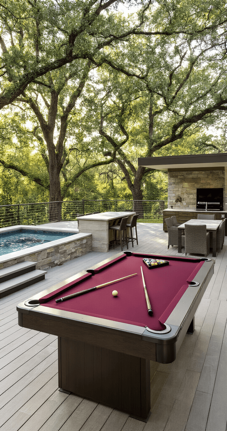 Wide-angle shot of an upscale backyard entertainment area featuring a 9-foot outdoor pool table with burgundy cloth, surrounded by stylish outdoor furniture, a professional cue rack, and an outdoor kitchen, all set on a multi-level deck with dappled sunlight filtering through oak trees.