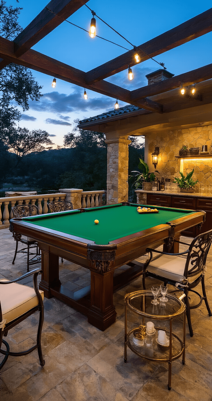 Intimate evening scene of a convertible pool table with dining top on a covered patio, featuring stone flooring and exposed beam ceiling, illuminated by warm LED string lights. The table, with forest green weather-resistant cloth and mahogany frame, is surrounded by wrought iron chairs and an outdoor bar cart adorned with glassware and tropical plants.