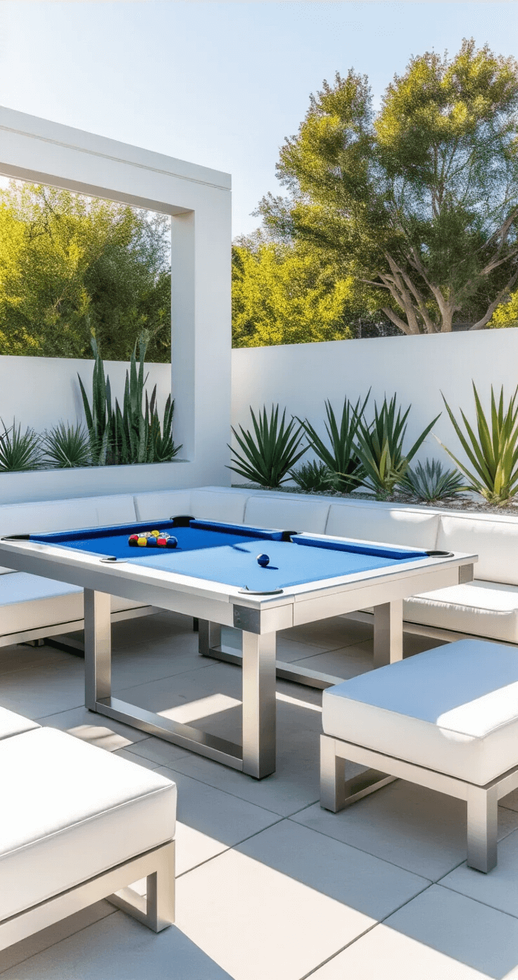 Bright morning scene of a weatherproof pool table with aluminum frame and stainless steel hardware, featuring royal blue cloth, set in a contemporary outdoor space with crisp white sectional seating and polished concrete. Decorative planters with succulents and grasses enhance the modern minimalist aesthetic. A folded protective table cover rests on a matching bench, all illuminated by brilliant natural sunlight, showcasing quality craftsmanship and attention to detail.