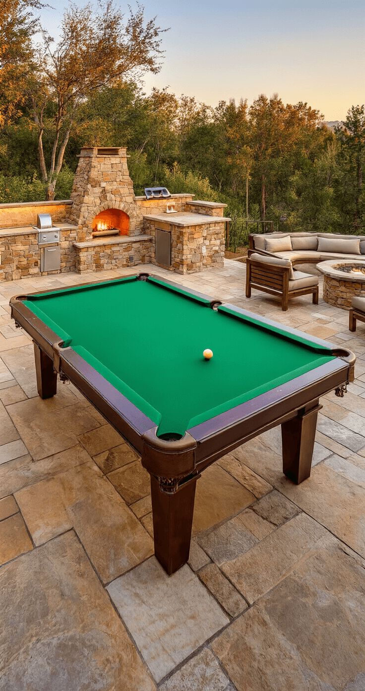 Luxury outdoor pool table on a multi-tiered flagstone patio, surrounded by mature landscaping and warm golden light, featuring a rustic fire pit and an outdoor kitchen with natural stone accents.