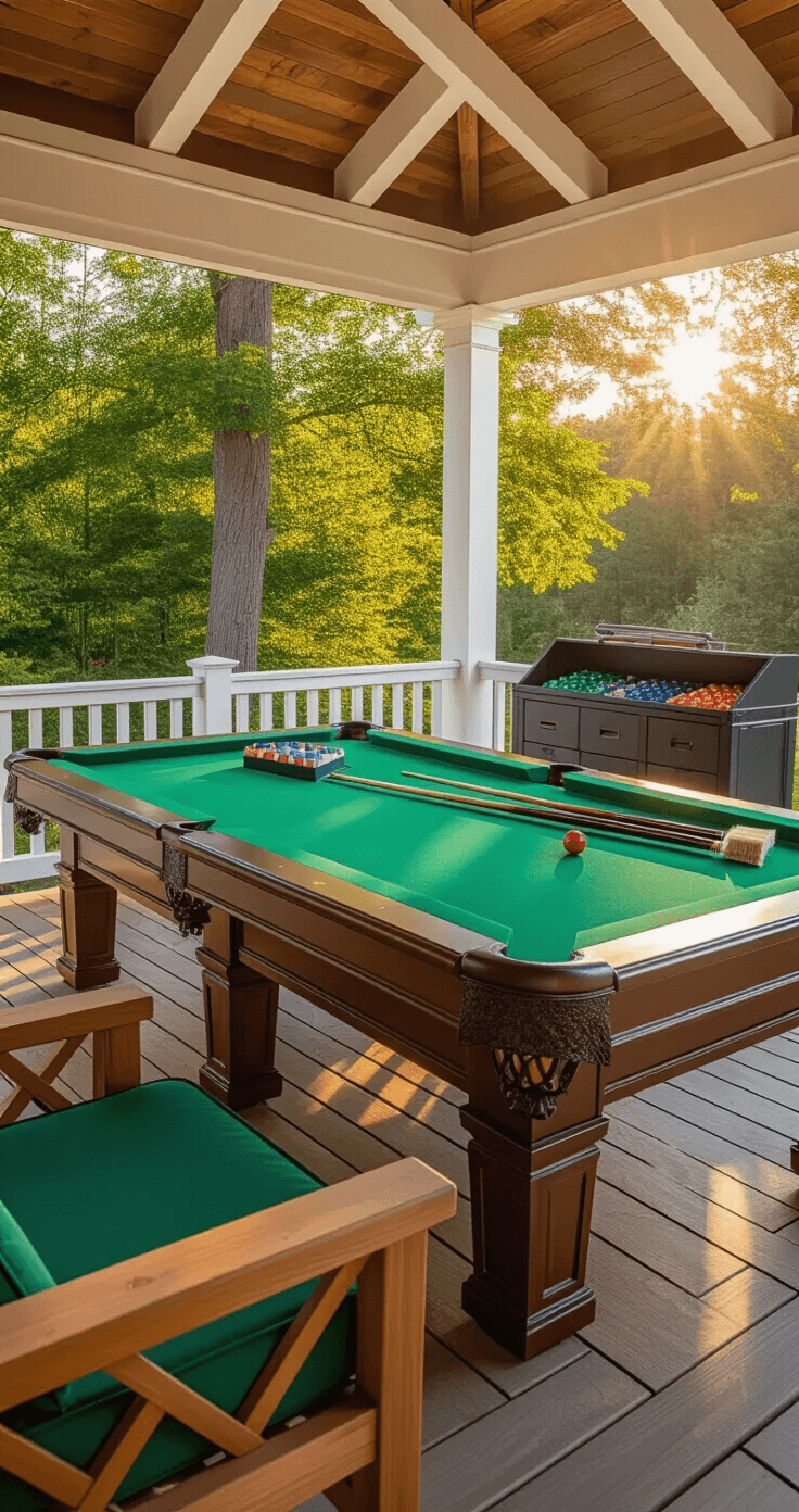 Professional outdoor pool table maintenance setup featuring a pristine 7-foot table with emerald green cloth, cleaning supplies organized in a covered pavilion with white columns, natural teak furniture, and a nearby storage cabinet showcasing cues and accessories, all illuminated by warm golden hour light.