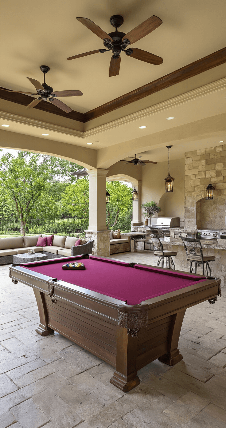 Wide shot of a luxurious outdoor entertainment space featuring a 9-foot slate pool table at its center, surrounded by a bar, built-in seating, and landscaped privacy, all bathed in afternoon light.