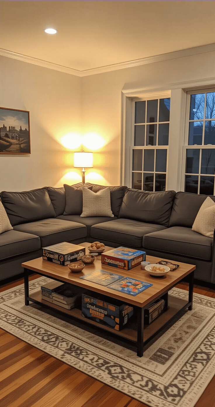 Photorealistic wide-angle view of a cozy living room set up for board game night, featuring a charcoal gray sectional sofa, organized coffee table with game boxes, ambient lighting, and a warm atmosphere at golden hour.