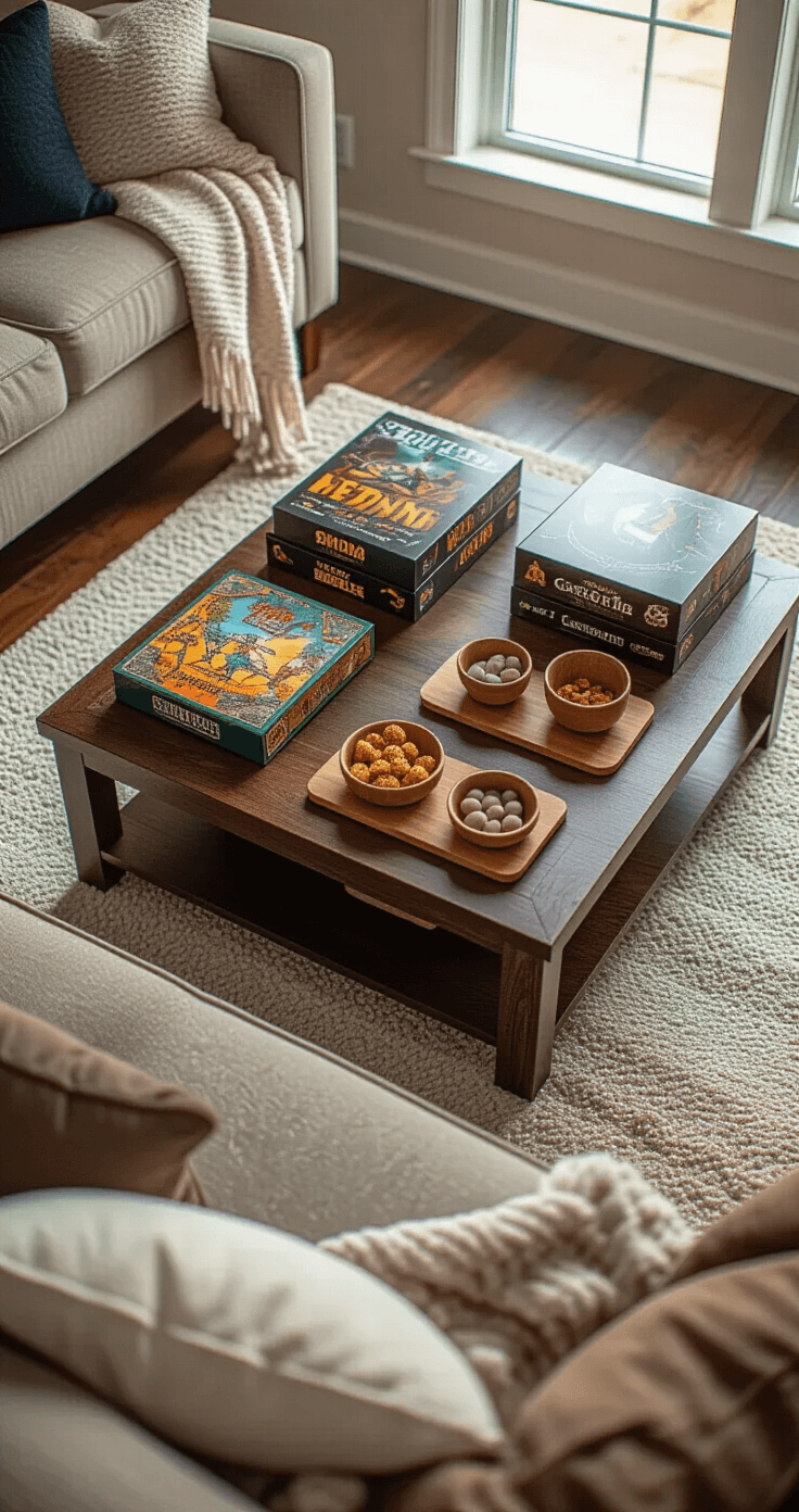 Intimate overhead view of a dark walnut coffee table arranged as a gaming station, featuring board game boxes, bamboo coasters, and small bowls of snacks, highlighted by natural light and warm LED illumination. Cozy seating and neutral throw blankets frame the scene, creating a welcoming yet professional atmosphere.