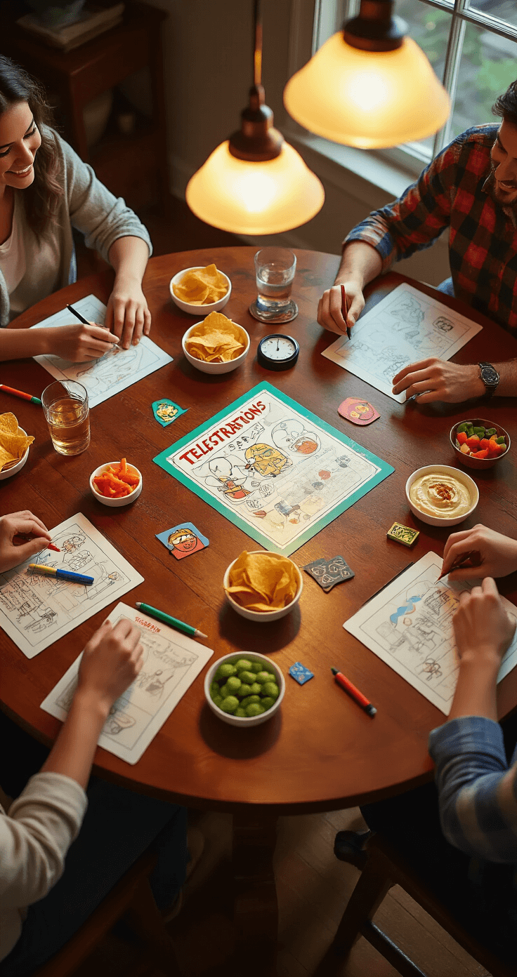 Close-up of an active Telestrations game session at a round dining table with 6-8 players, featuring colorful drawing pads, markers, snacks, and warm pendant lighting, capturing an energetic and fun atmosphere.
