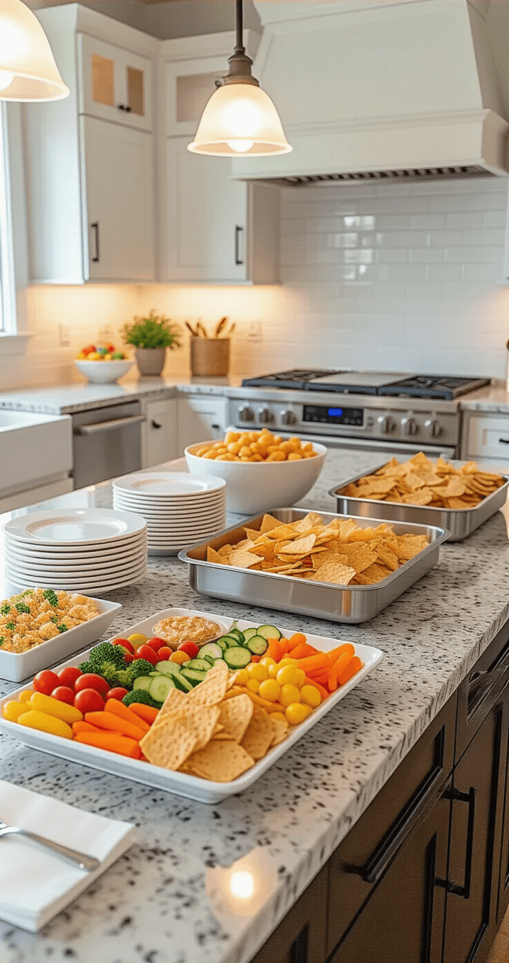Elegant kitchen counter set up for game night with organized finger foods, including a vegetable tray, chip bowls, and frozen appetizers, under bright task lighting and warm under-cabinet lights, showcasing a clean and practical space for self-service refreshments.