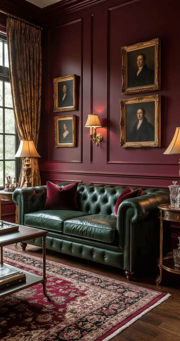 Cinematic wide shot of an elegant game room with burgundy accent wall, green leather Chesterfield sofa, warm golden hour light through damask curtains, ornate brass lamps, Persian-style rug, vintage oil portraits, and a gleaming crystal decanter set on a brass bar cart, evoking a sophisticated English manor house atmosphere.