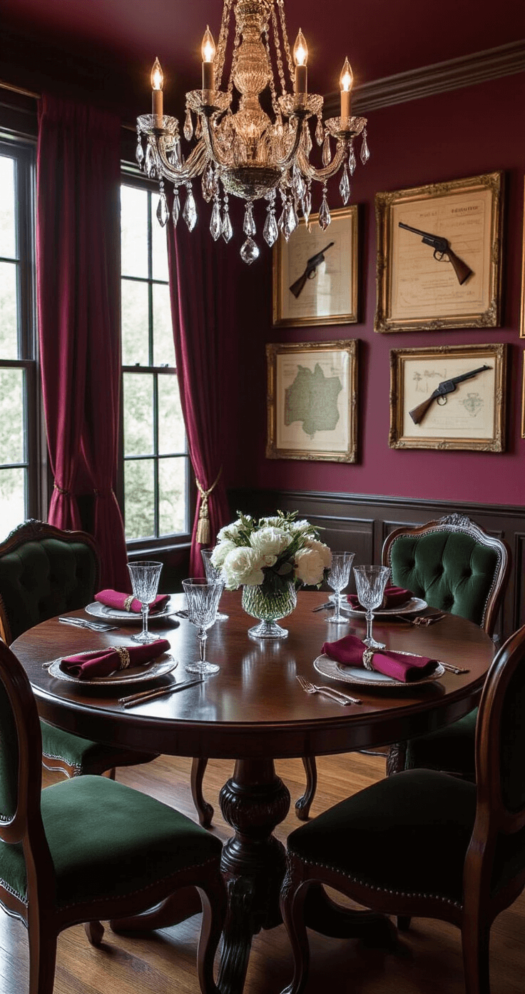 Medium shot of an elegant dining area with a dark walnut table set for a murder mystery dinner party, featuring burgundy walls adorned with vintage weapon displays, dimmed chandelier light, silver candelabras, dark green velvet wingback chairs, framed vintage maps, and fresh white flowers in a crystal vase.