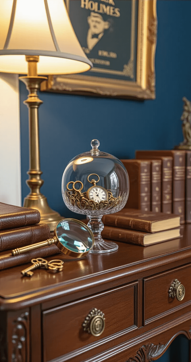 Close-up of a vintage-inspired vignette on a mahogany console table against a navy blue wall, featuring a brass magnifying glass, aged leather journals, antique skeleton keys in a crystal bowl, and a tall brass candlestick, all illuminated by soft warm light. A glass cloche covers a vintage pocket watch, and a framed Sherlock Holmes book cover hangs above in an aged gold frame, with rich brown leather book spines in the background, arranged to convey an intimate atmosphere of mystery.