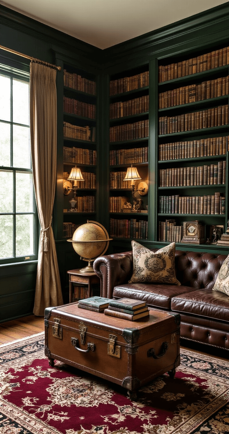 A cozy library corner featuring dark wood bookshelves filled with mystery novels and vintage games, surrounded by deep forest green walls. A tufted leather sofa with damask throw pillows sits beside a vintage leather trunk serving as a coffee table, all set on a burgundy and gold Persian rug. An antique globe on a brass stand is near a window with sheer curtains, softly illuminated by warm brass picture lights, creating a scholarly and mysterious atmosphere.
