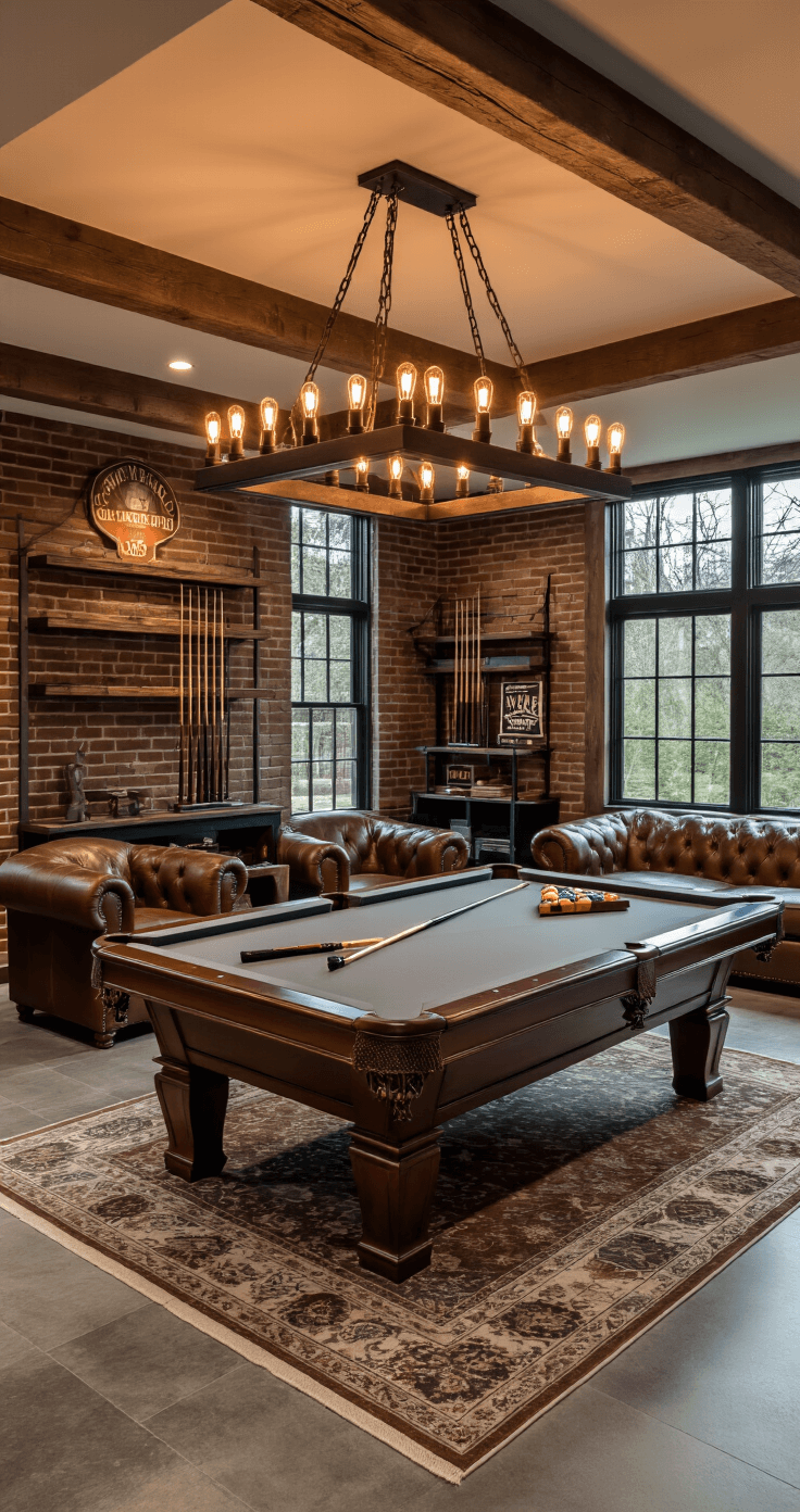 A spacious finished basement game room with a professional pool table, warm natural light filtering through high windows, rustic chandelier, exposed brick walls, and leather club chairs, captured at golden hour.