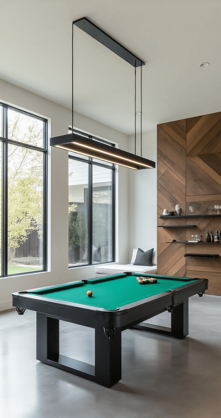 A modern game room featuring a sleek black pool table under a minimalist LED light, with polished concrete floors, geometric wood paneling, and mid-century modern furniture in gray and white. Natural light floods the space through floor-to-ceiling windows, highlighting floating shelves with barware and decorative objects.