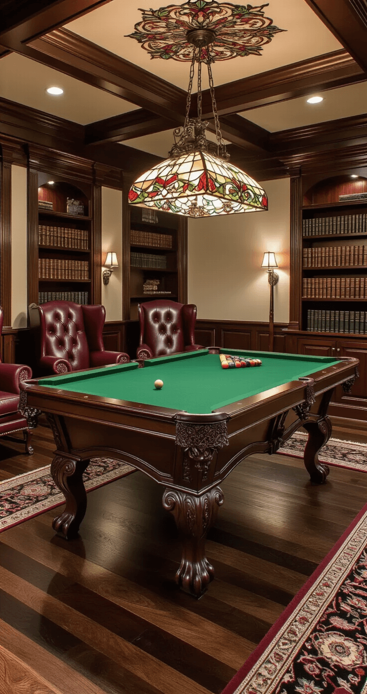 An elegant game room featuring an 8-foot mahogany pool table with hunter green felt, illuminated by a Tiffany-style stained glass chandelier, surrounded by rich hardwood floors, Persian rugs, dark wood wainscoting, and leather-bound books in built-in bookcases.